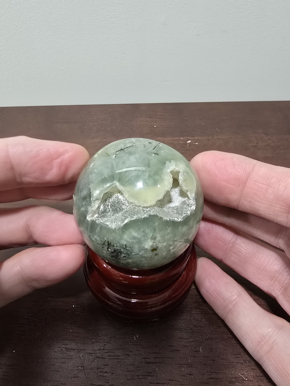Prehnite with Tourmaline Crystal Sphere #B 48 mm